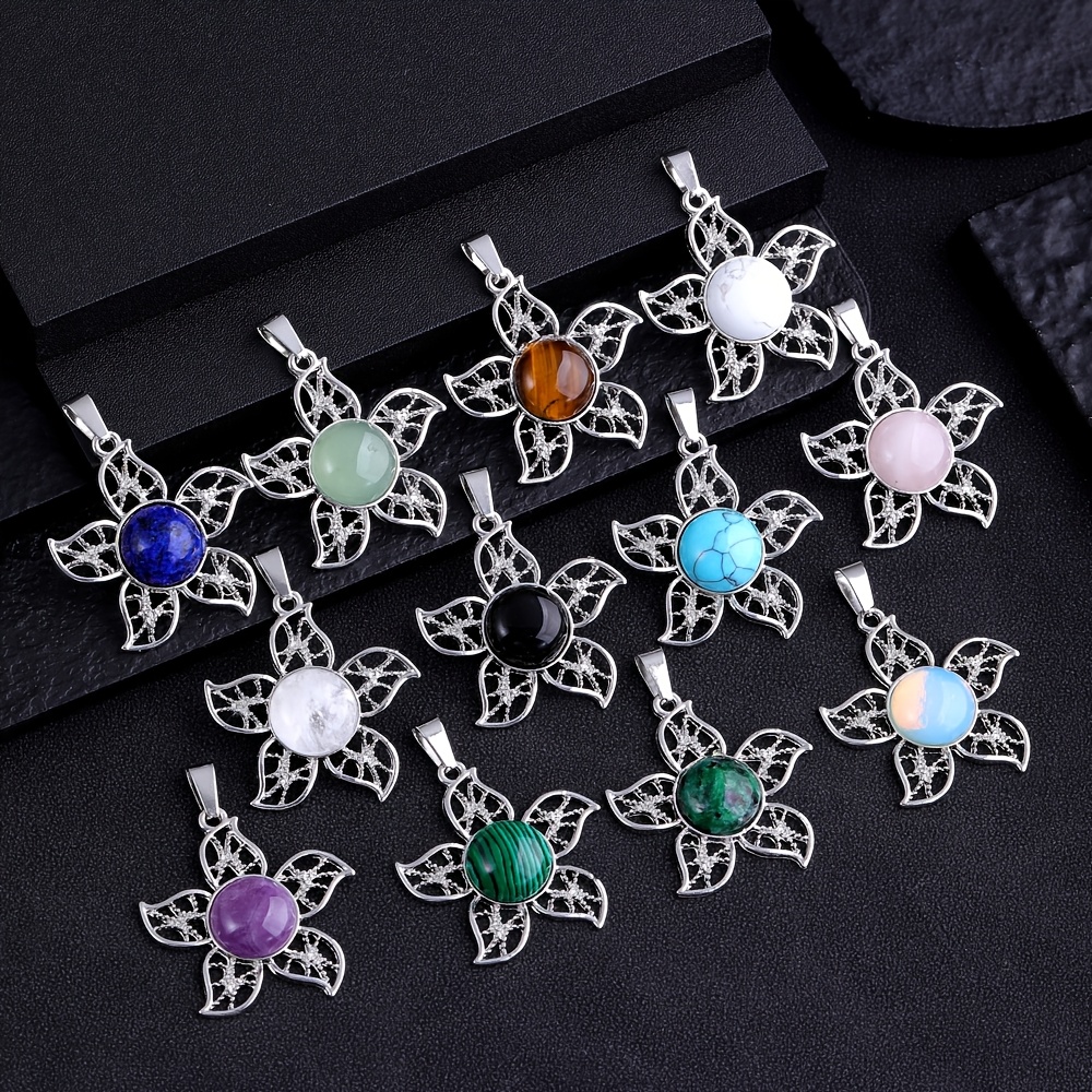 Set of 4 Natural Stone Five-Petal Flower Pendants